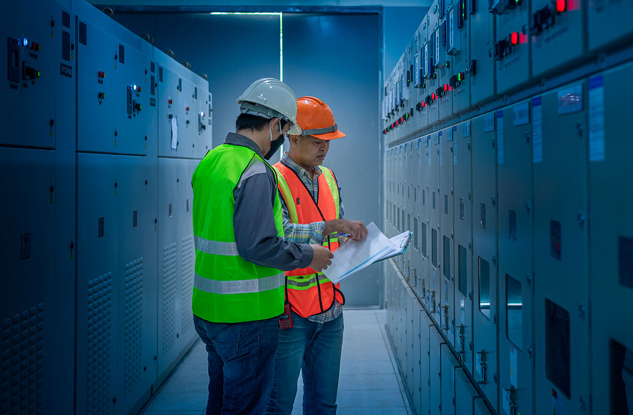 techniciens avec casques et gilets réfléchissants inspectant une salle électrique